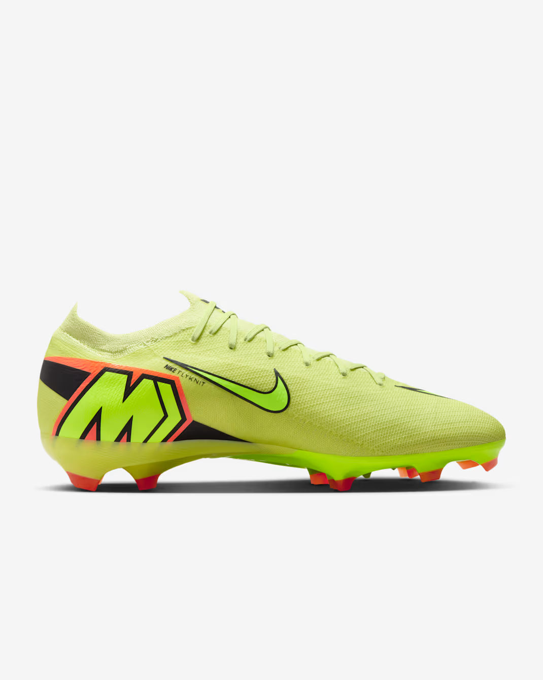 Bright green soccer cleat with black and orange accents on a white background