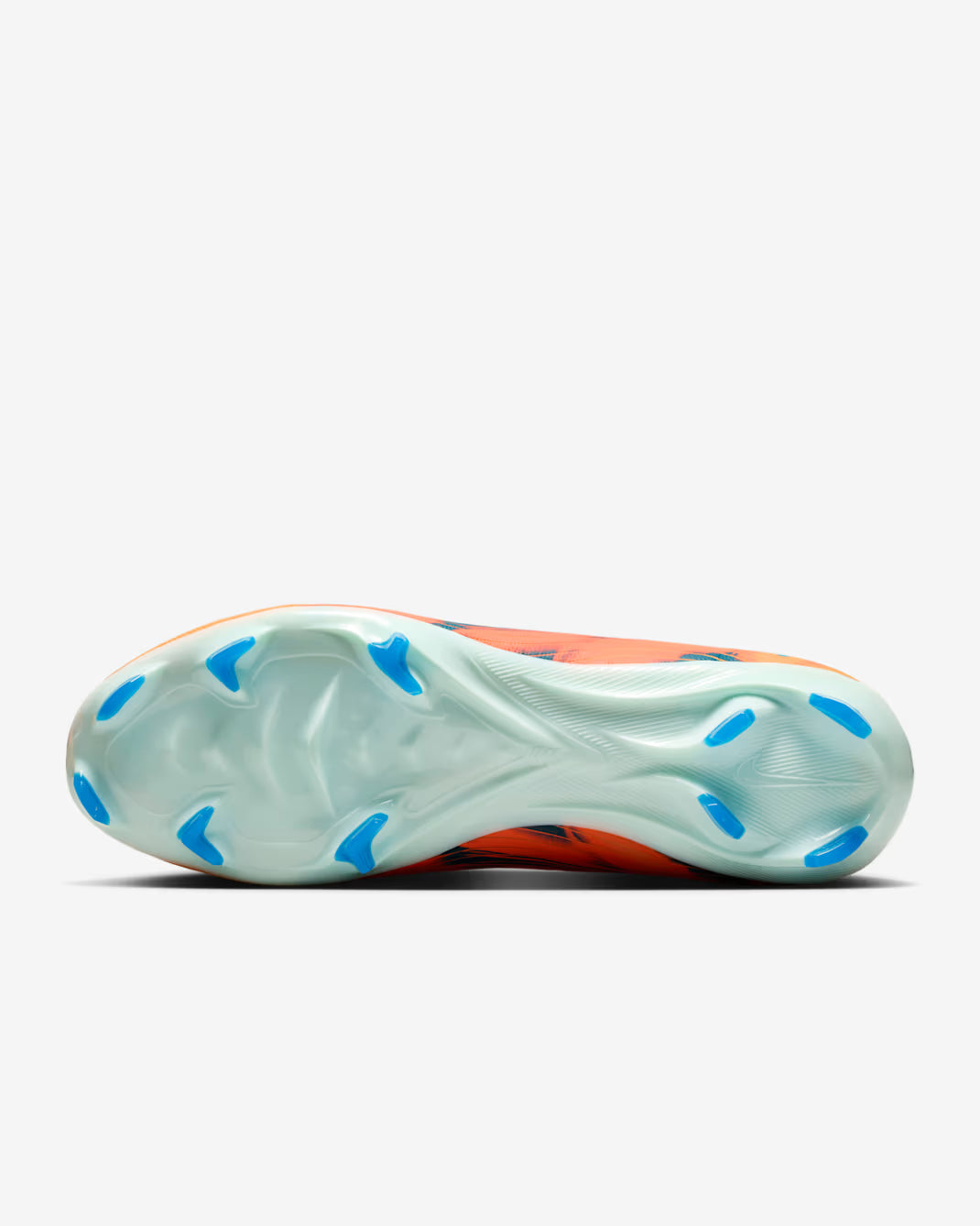 Close-up of a sports shoe sole with blue and orange design on a white background