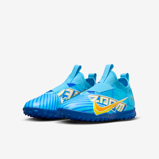 Blue soccer cleats with brand logo on a white background