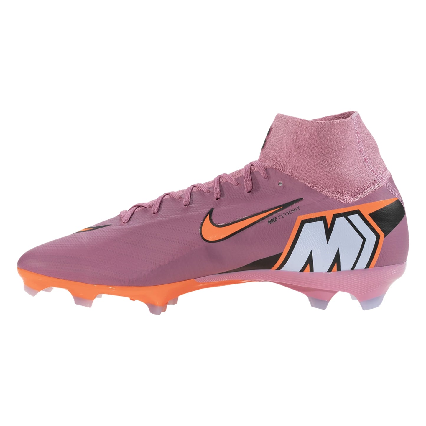 Pink soccer cleat with orange accents on a white background