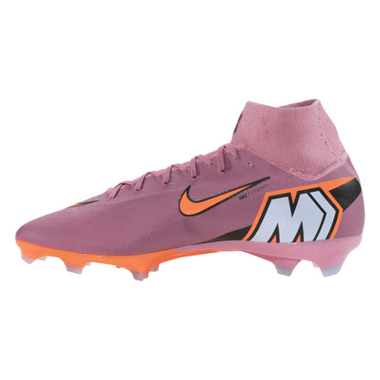 Pink soccer cleat with orange accents on a white background