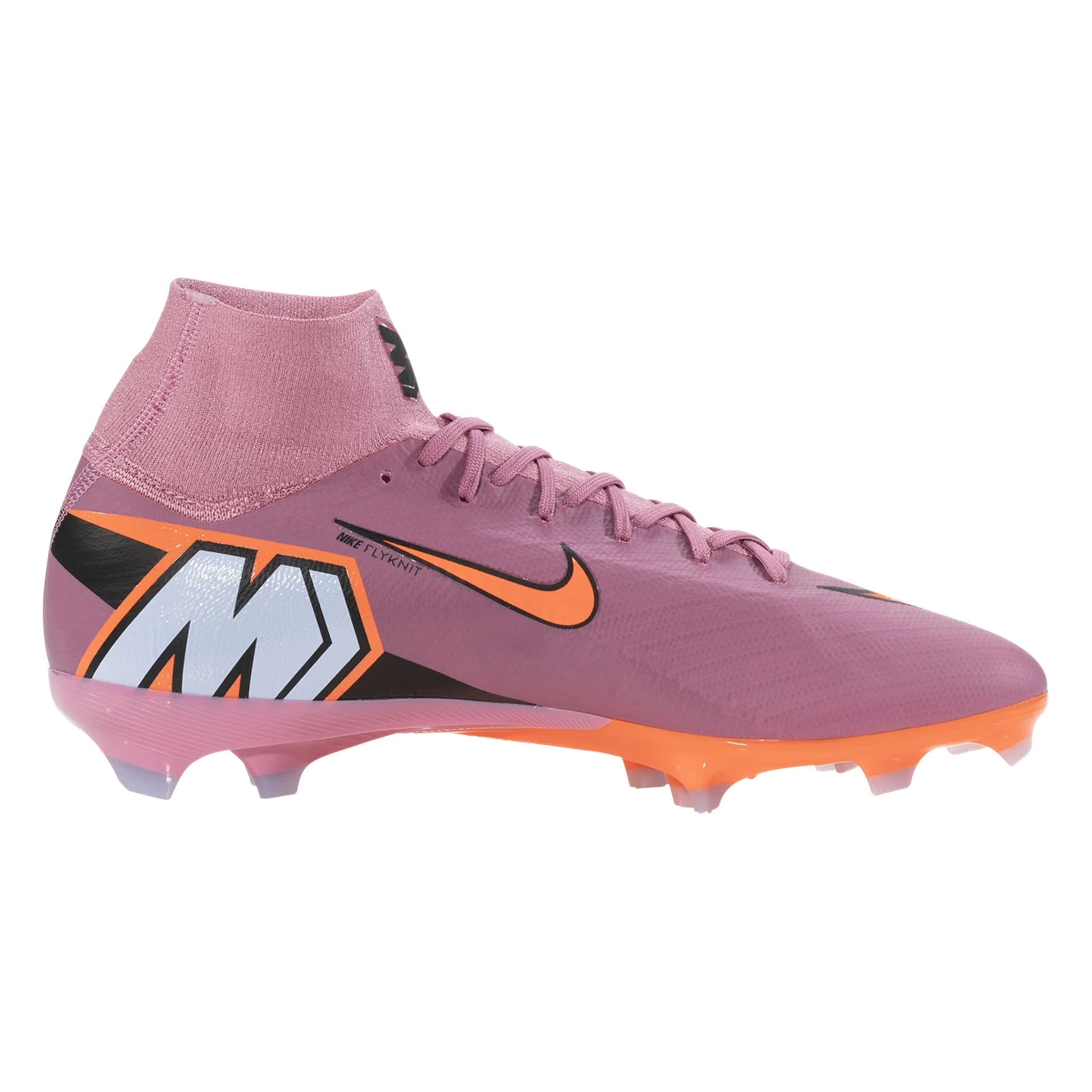 Pink soccer cleat with orange accents on a white background