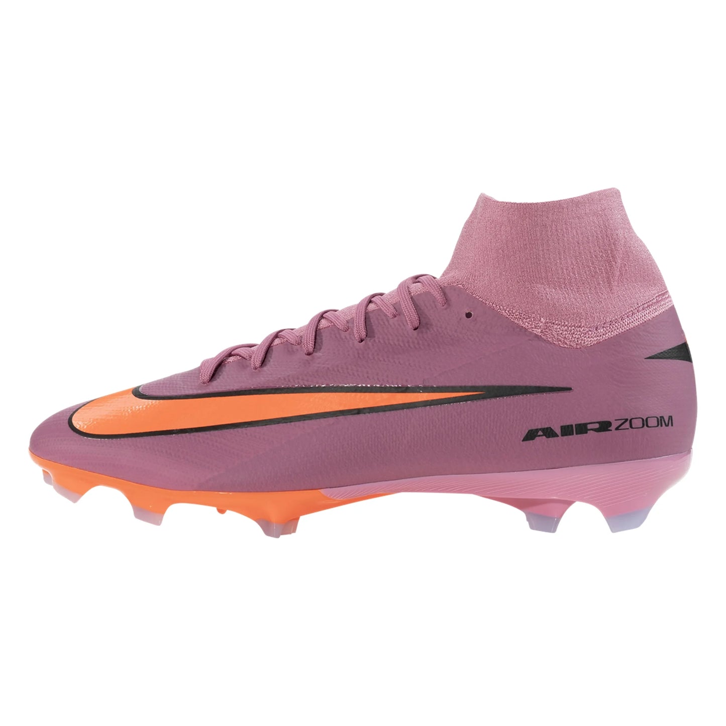 Pink soccer cleat with orange accents on a white background