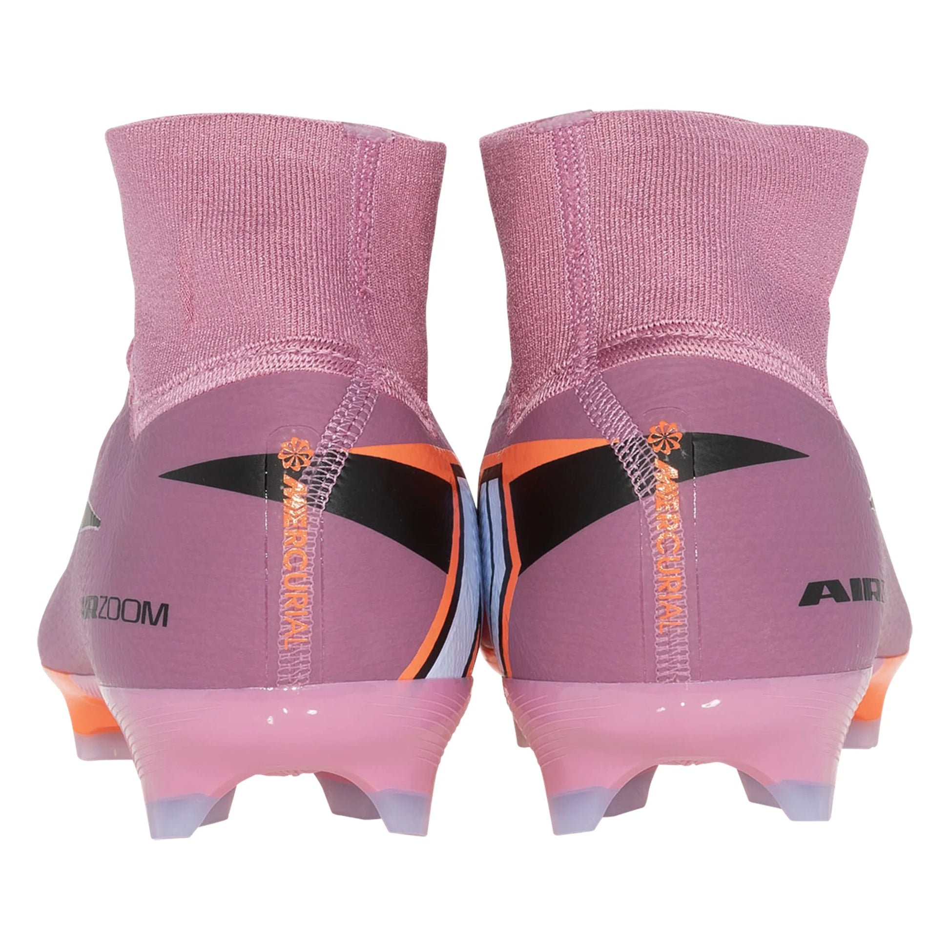 Pink athletic shoes with black and orange accents on a white background