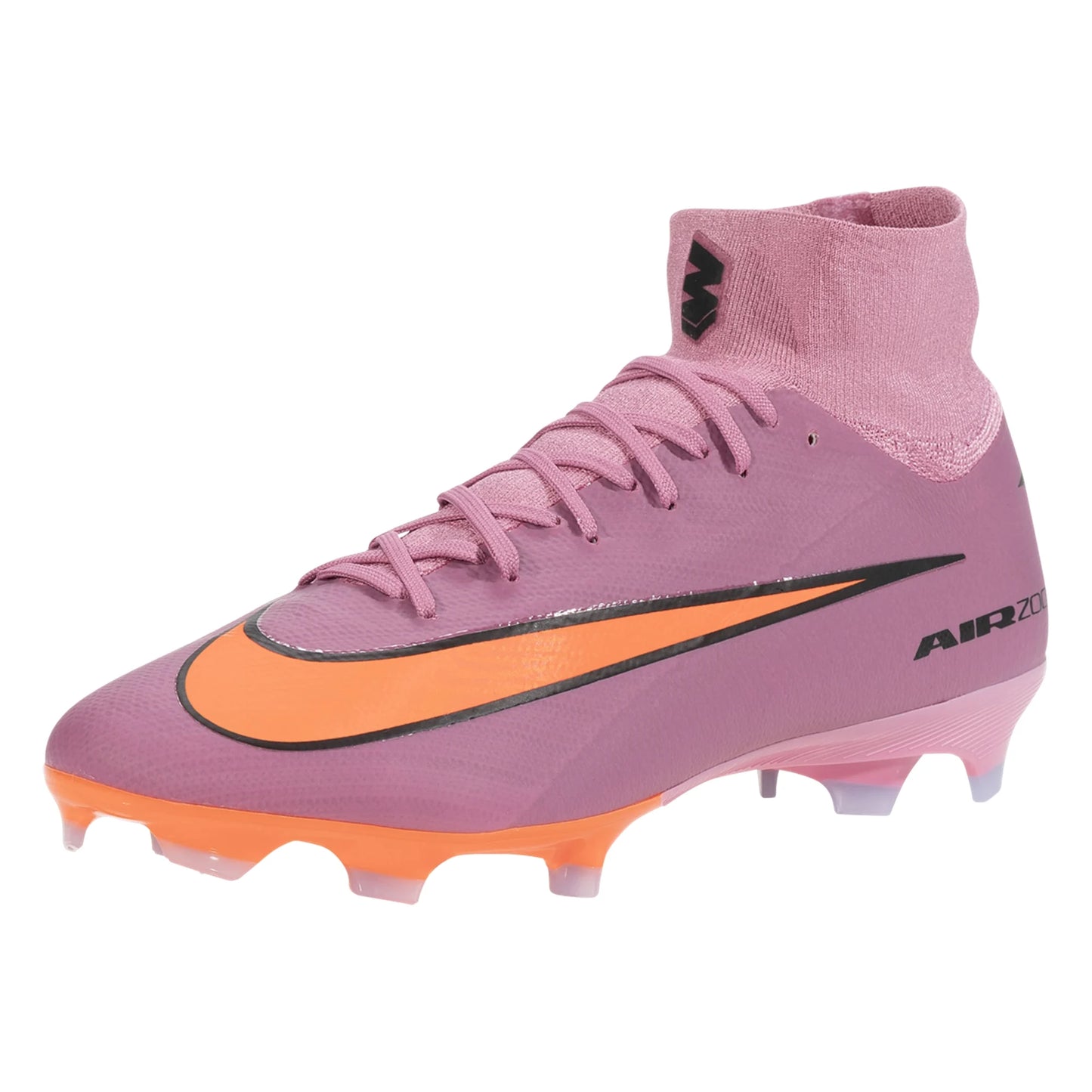 Purple soccer cleat with orange swoosh logo on a white background