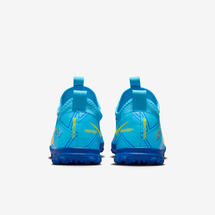 Blue soccer cleats with yellow accents on a white background