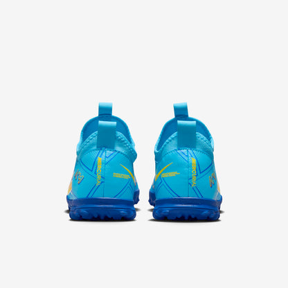 Blue soccer cleats with yellow accents on a white background