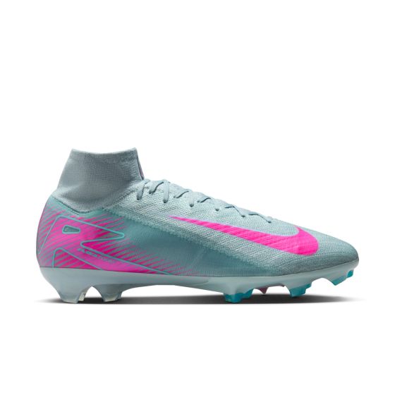 Light blue soccer cleat with pink swoosh logo on a white background