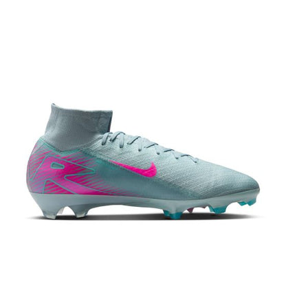 Light blue and pink soccer cleat with Nike logo on a white background