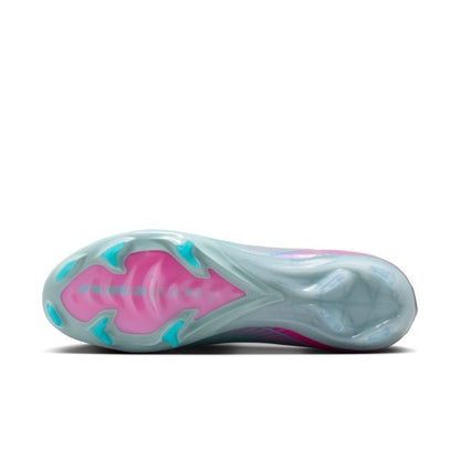 Close-up of a shoe sole with pink and blue design on a white background