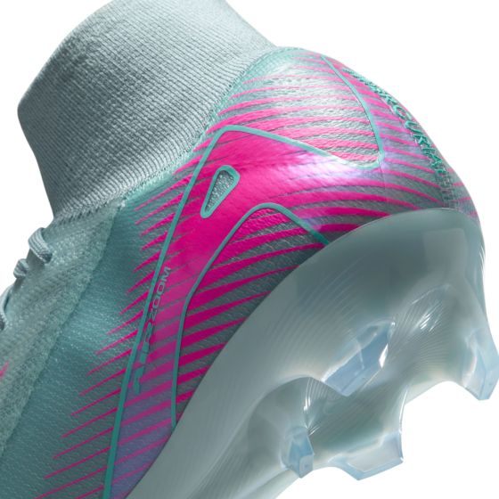 Close-up of a sports shoe with pink and blue design on a white background