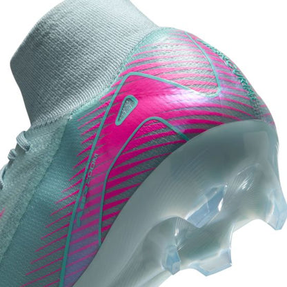 Close-up of a sports shoe with pink and blue design on a white background