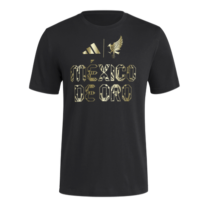 Black t-shirt with gold Adidas logo and 'México de Oro' text on a white background