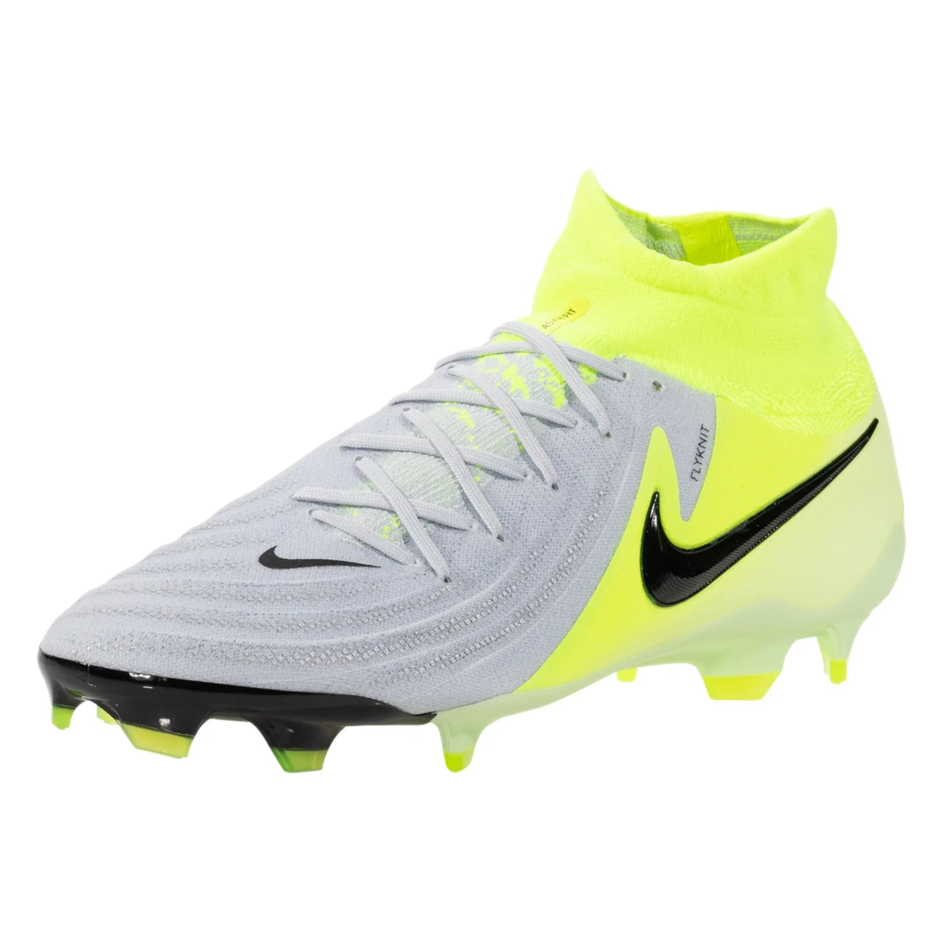 Gray and yellow soccer cleat with Nike logo on a white background
