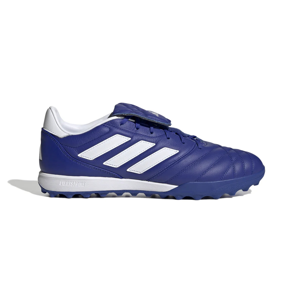 Blue and white soccer cleat with Adidas logo on a white background