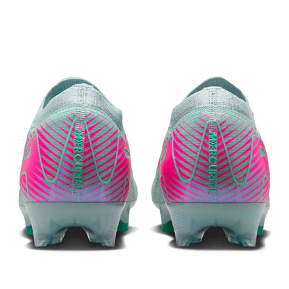 Pair of soccer cleats with pink and green design on a white background