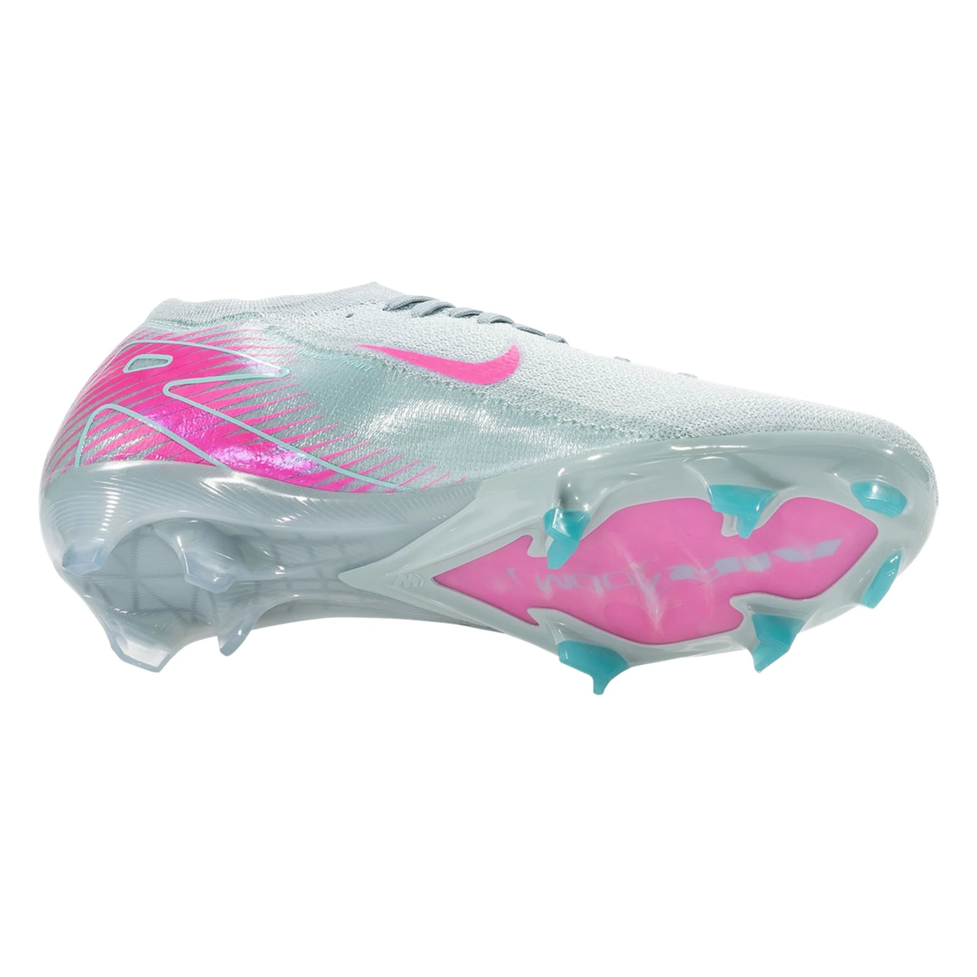 Clear athletic shoe with pink and blue accents on a white background