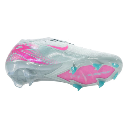 Clear athletic shoe with pink and blue accents on a white background