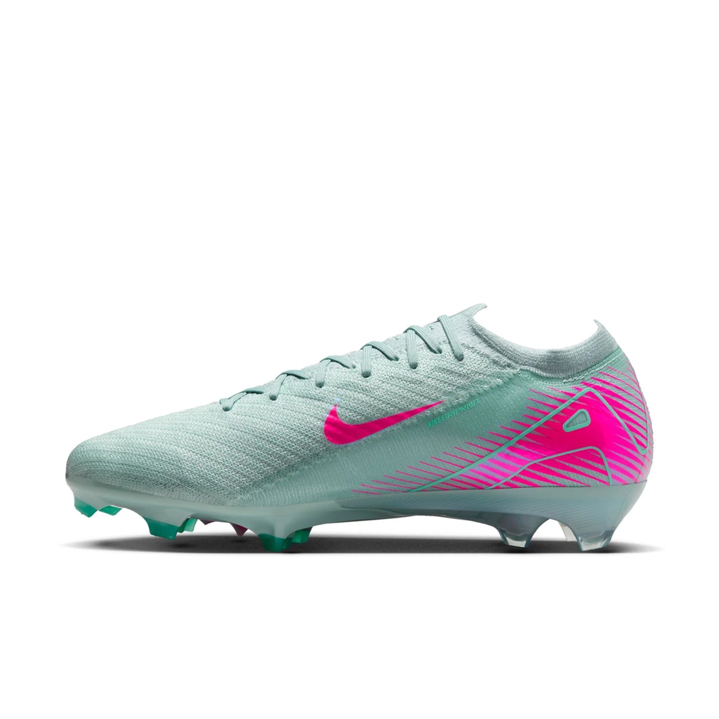 Light blue soccer cleat with pink swoosh logo on a white background