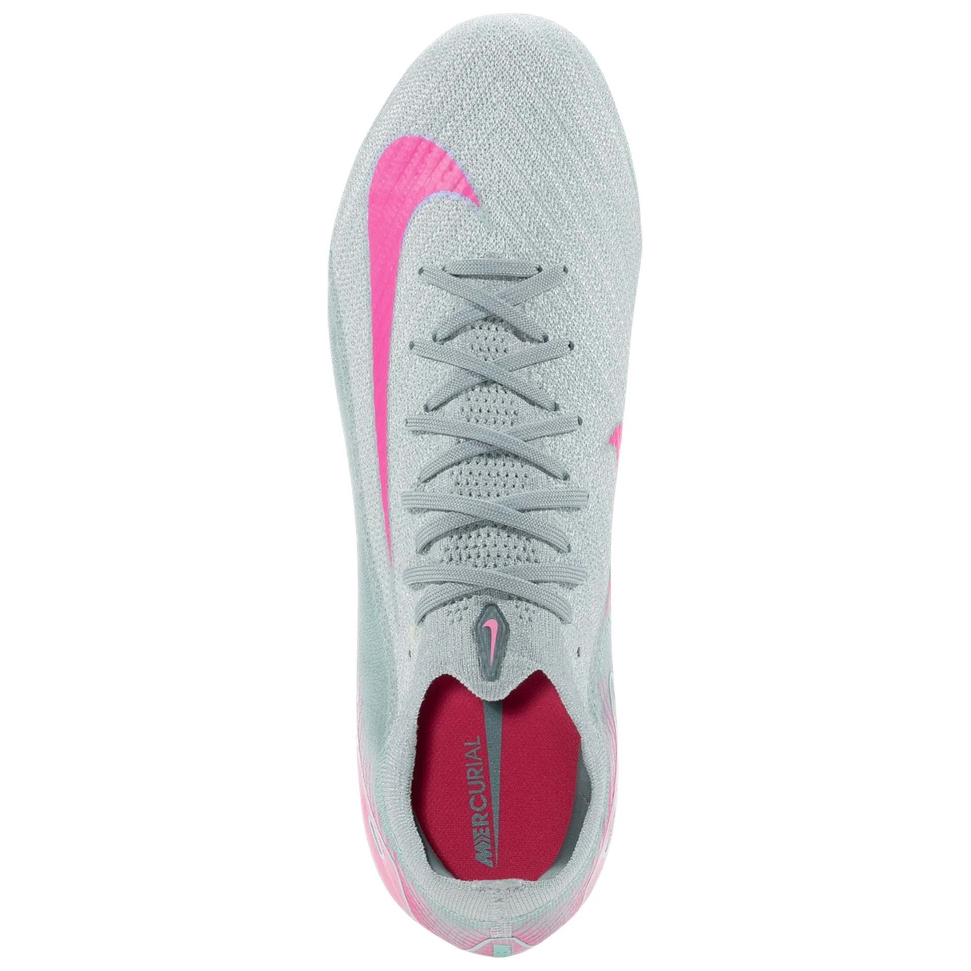 Gray and pink soccer cleat on a white background